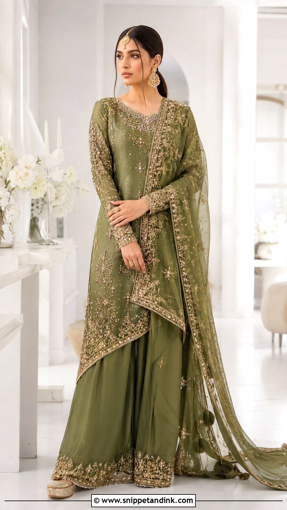 Moss Green Asymmetrical Kurta And Palazzo Set - Snippet and Ink - 20 Green Bridal Mehndi Outfit Ideas