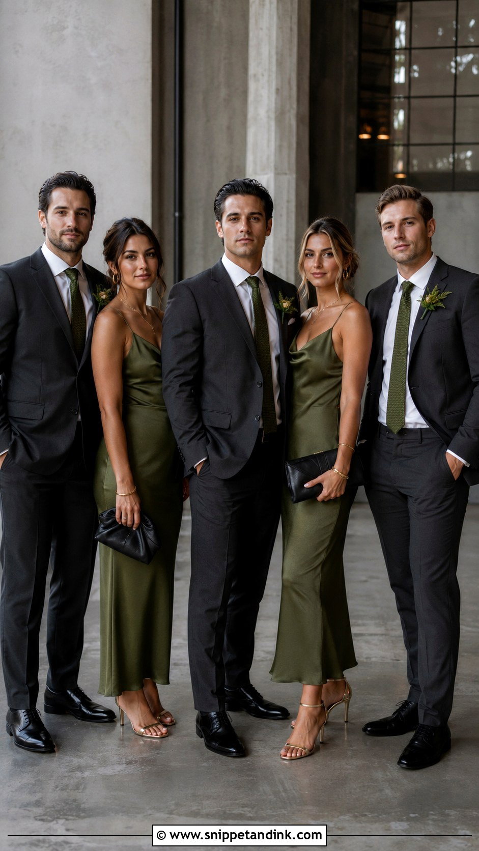 Moss Green Slip Dresses With Charcoal Suits - Snippet and Ink - 20 Green Wedding Party Attire Ideas