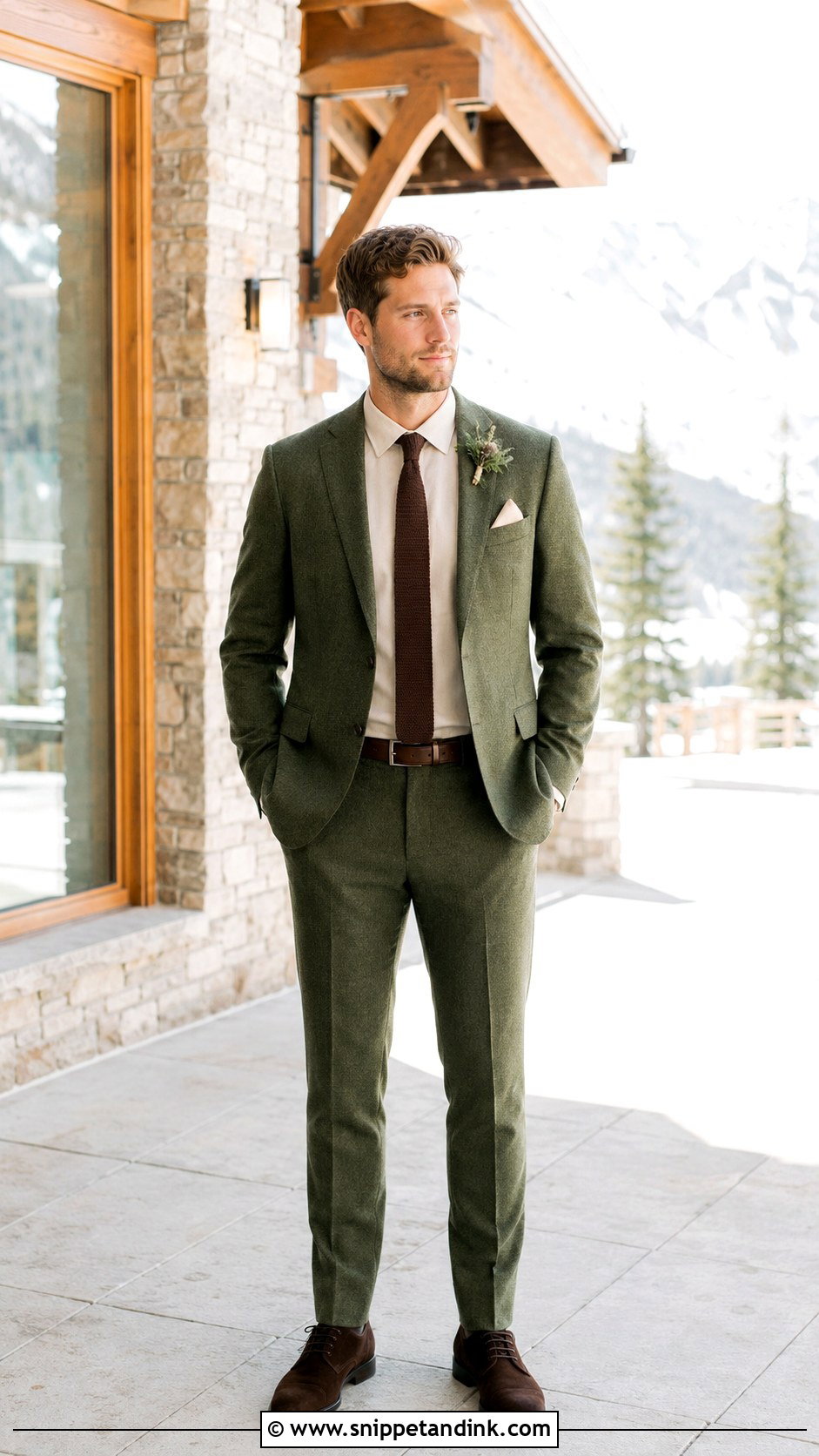 Moss Green Suit With Beige Shirt - Snippet and Ink - 20 Green Suit Wedding Party Ideas