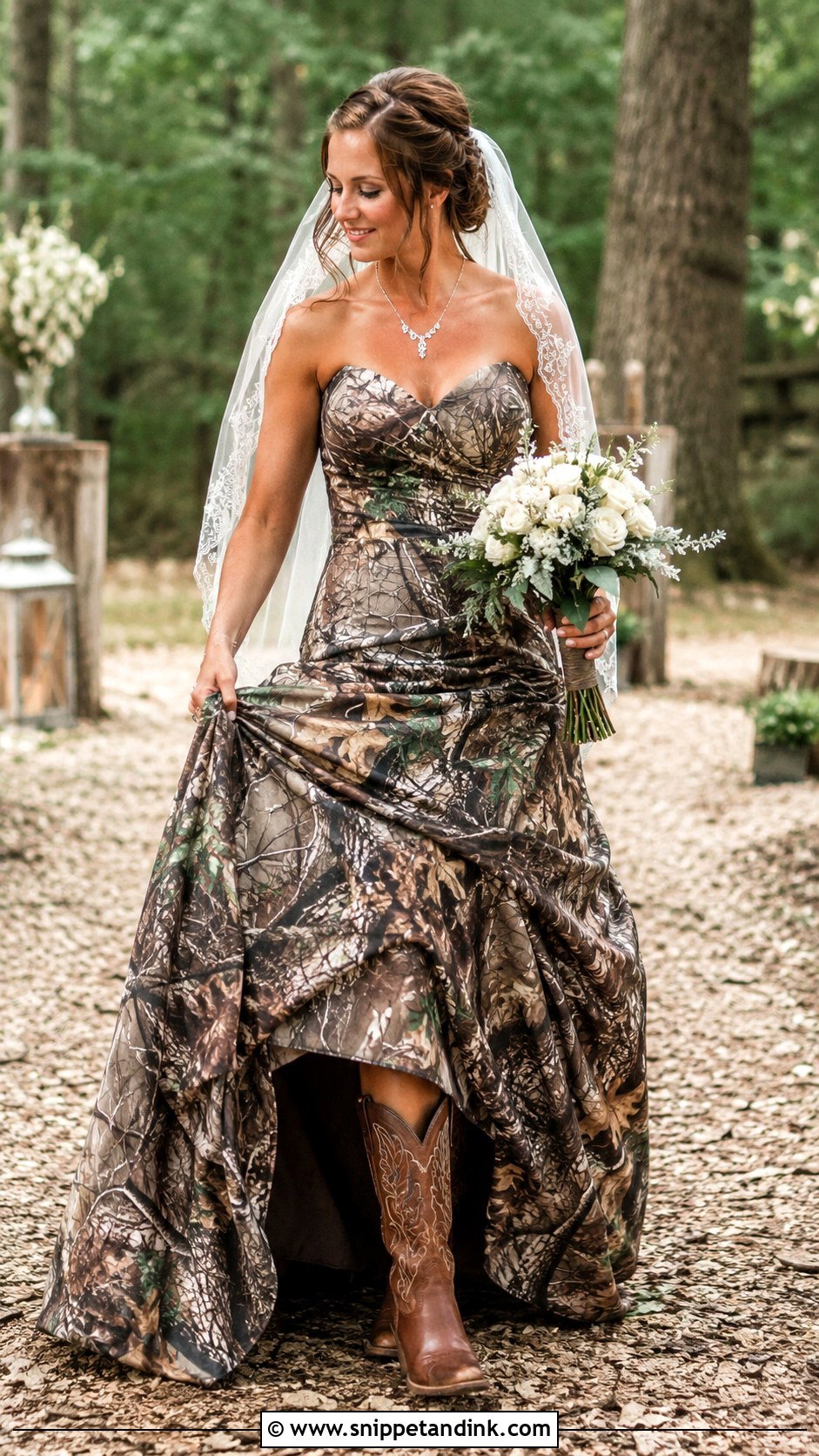Mossy Oak Camo Wedding Dress With Lace Veil - Snippet and Ink - 25 Camo Wedding Dress Ideas