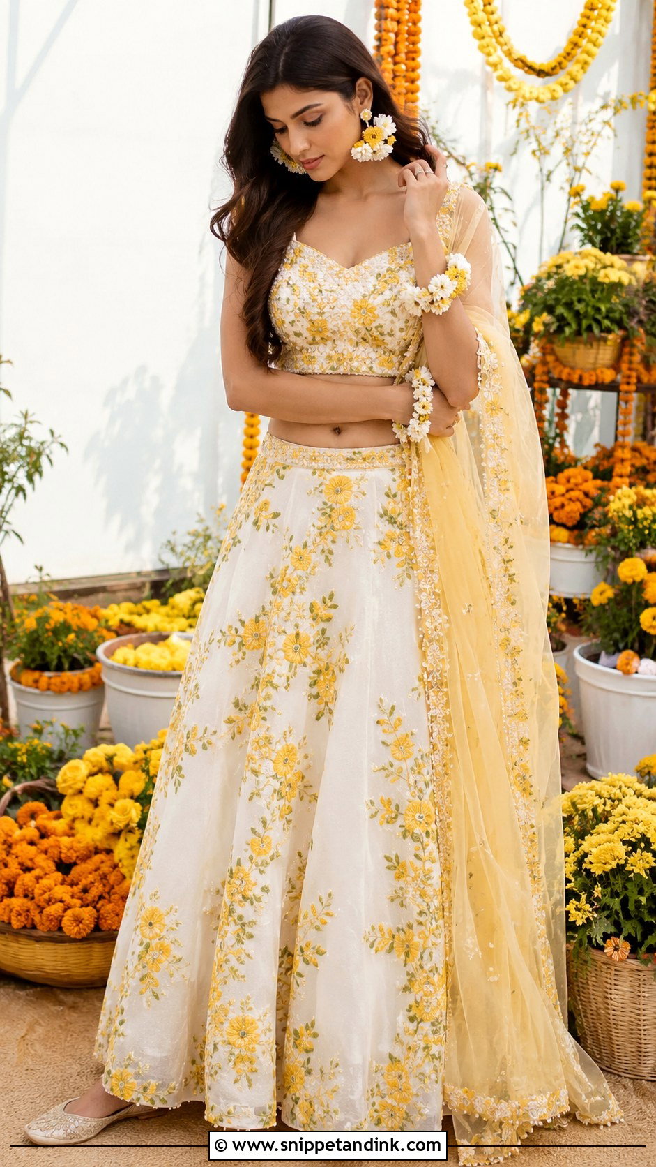 Mouni Roy White Floral Lehenga Haldi Outfit - Snippet and Ink - 20 Celebrity Haldi Outfit Ideas