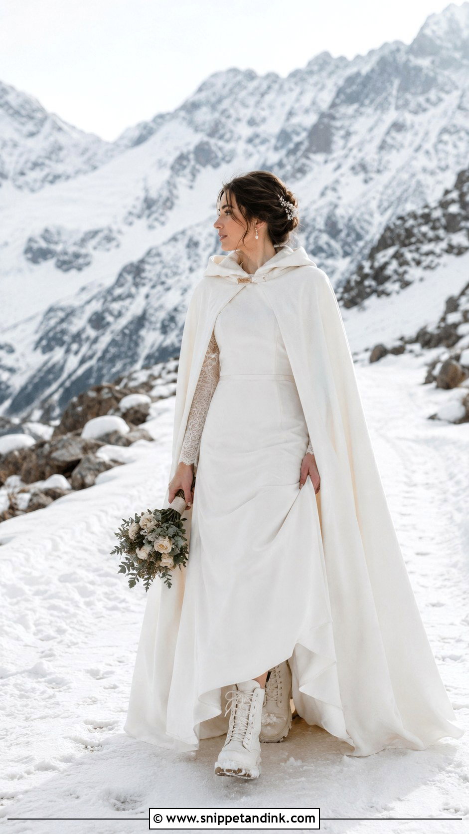 Mountain Elopement Bridal Gown With Hooded Cloak - Snippet and Ink - 20 Winter Bridal Outfit Ideas