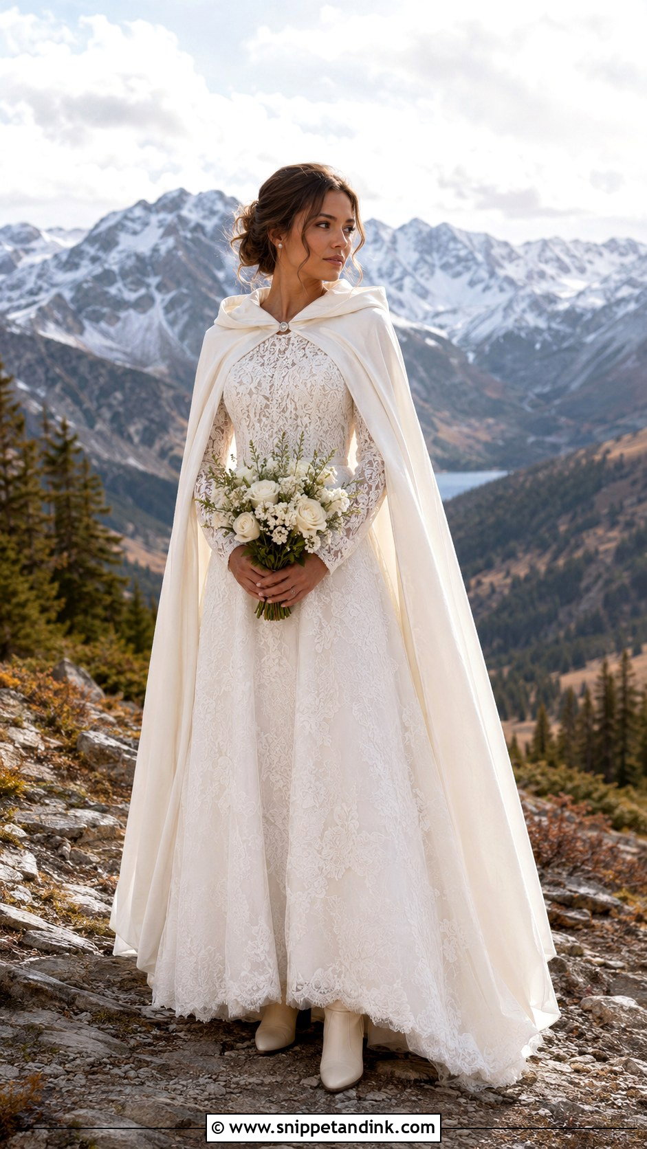 Mountain Wedding Dress With Cape - Snippet and Ink - 20 Lilly Collin’s Wedding Dress Ideas