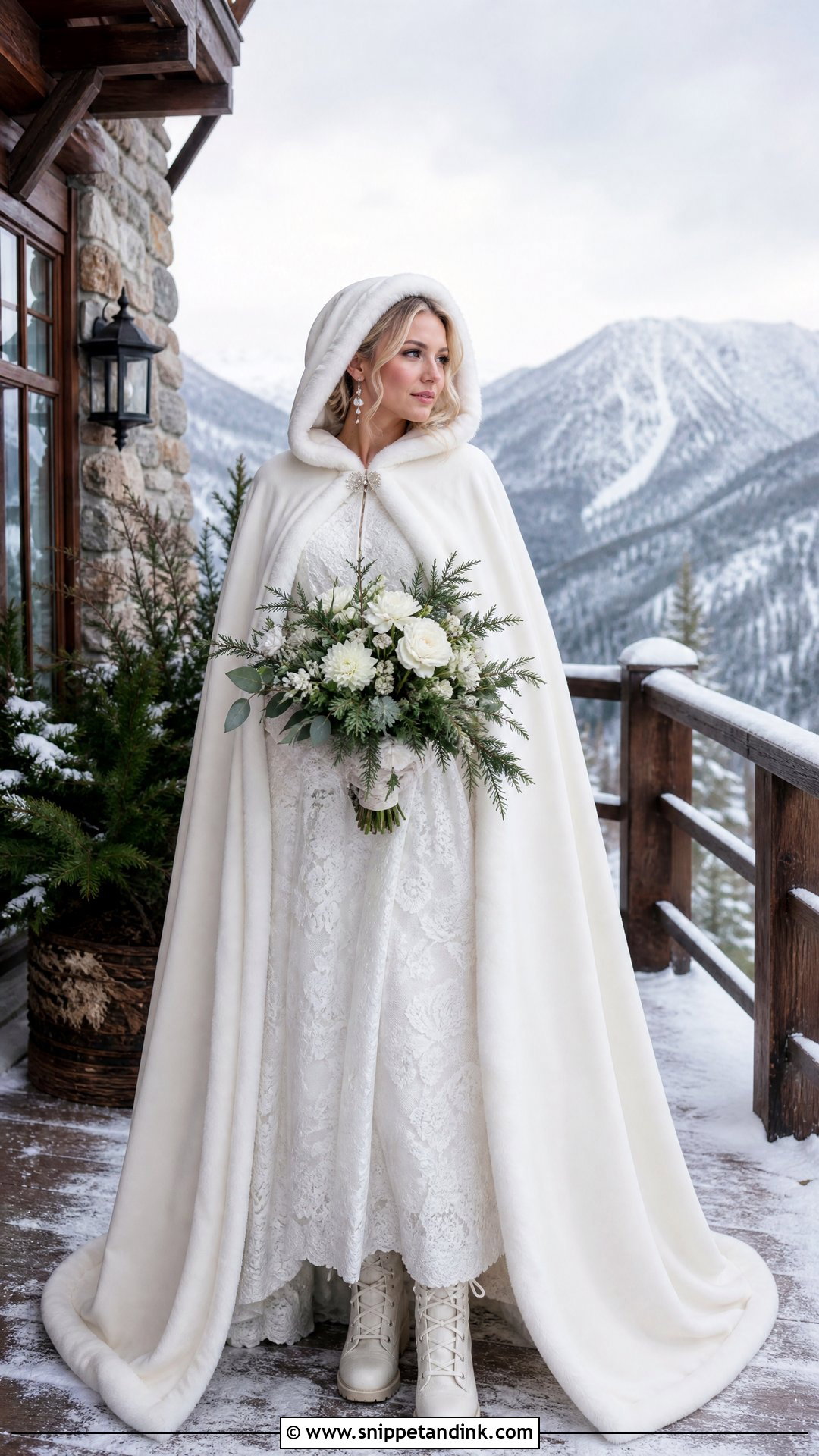 Mountain Winter Bridal Gown With Hooded Cape - Snippet and Ink - 20 Winter Bridal Ideas