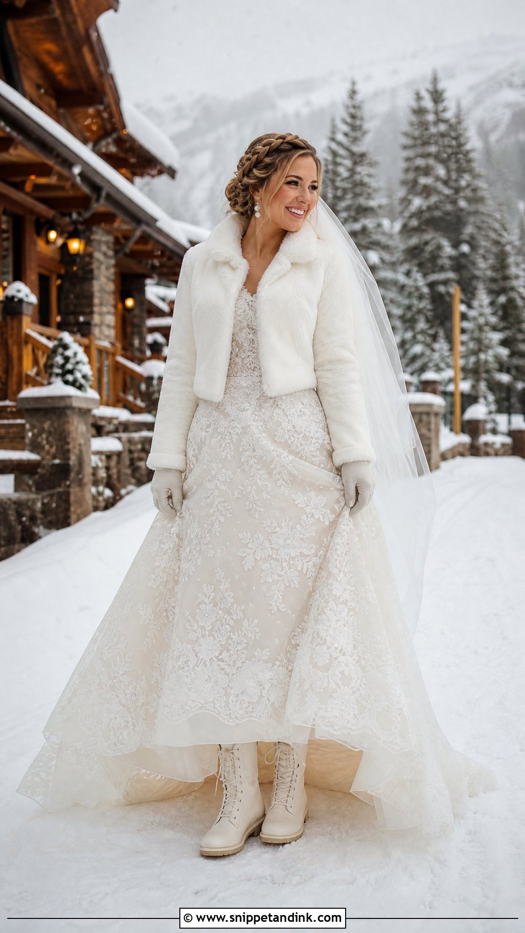Mountain Winter Wedding Gown With Warm Layers - Snippet and Ink - 25 Winter Wedding Gowns