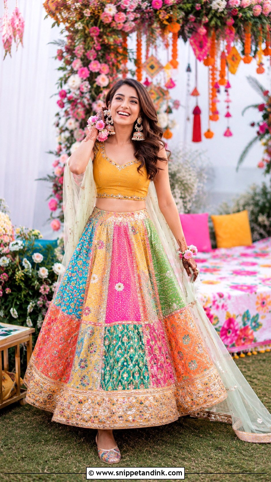 Multi Color Mehendi Lehenga - Snippet and Ink - 25 Mehendi Outfit for Bride Ideas