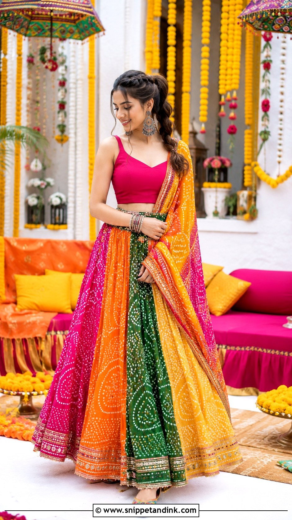 Multicolor Bandhani Lehenga For Mehndi - Snippet and Ink - 20 Indian Pre Wedding Dress Ideas