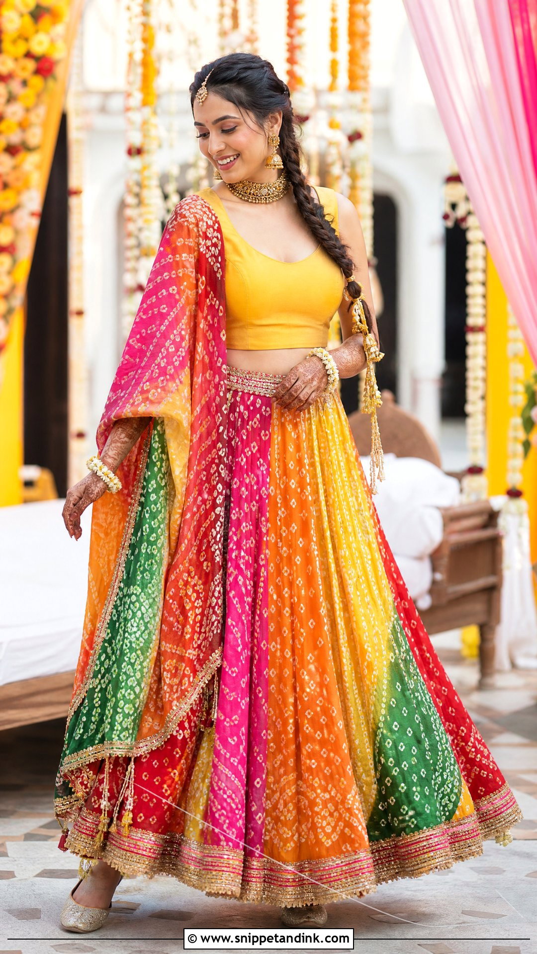 Multicolor Bandhani Lehenga Mehandi Outfit - Snippet and Ink - 20 Mehandi Outfits for Bride