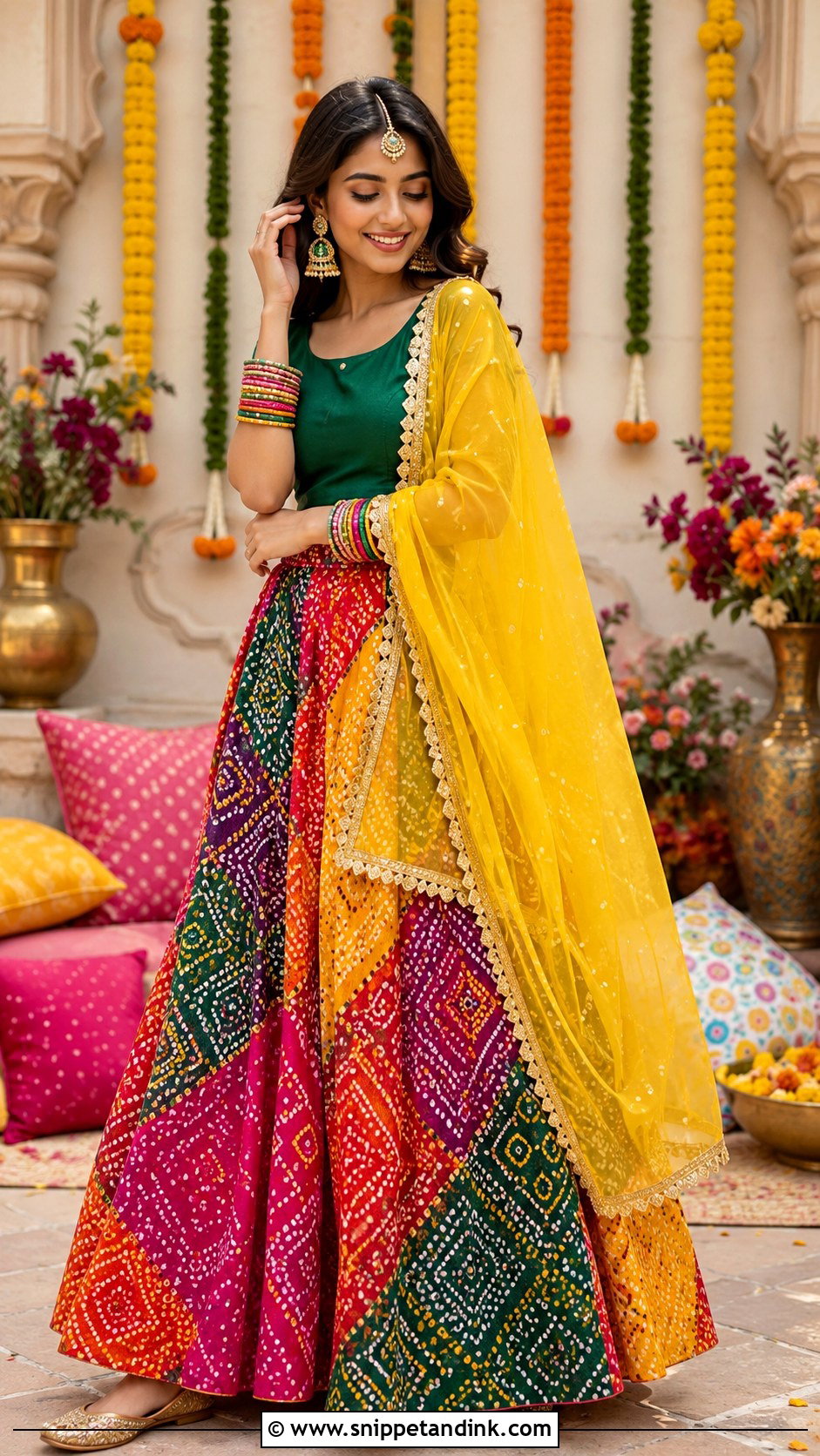 Multicolor Bandhani Lehenga Mehendi Outfit - Snippet and Ink - 20 Mehendi Ceremony Outfit Ideas