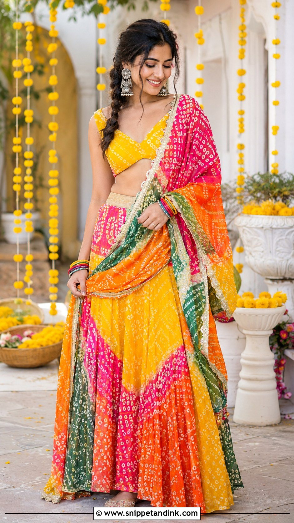 Multicolor Bandhani Lehenga for Haldi - Snippet and Ink - 20 Haldi Function Dress for Sister Ideas
