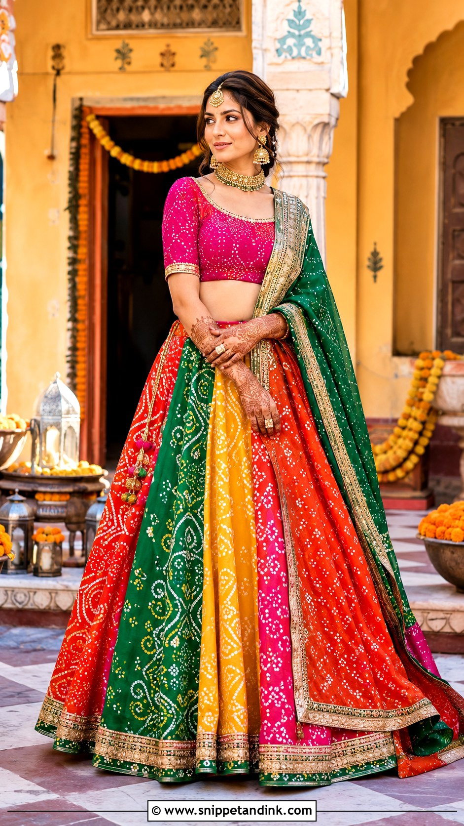 Multicolor Bandhani Mehandi Night Lehenga - Snippet and Ink - 20 Mehandi Night Dress for Bride Ideas