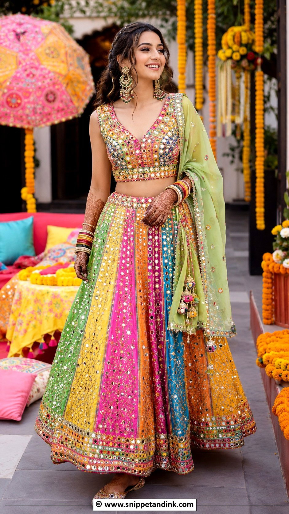 Multicolor Bridal Mehndi Lehenga - Snippet and Ink - 25 Indian Bridal Mehndi Outfit Ideas