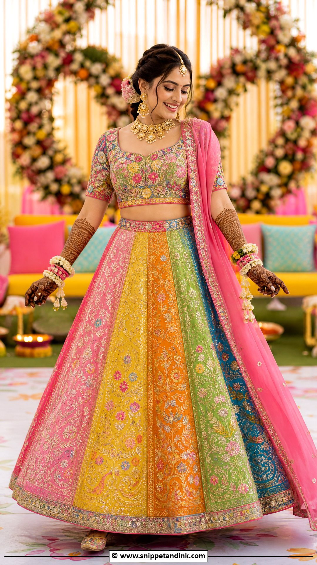Multicolor Bridal Mehndi Lehenga - Snippet and Ink - 35 Bridal Mehndi Outfit Ideas