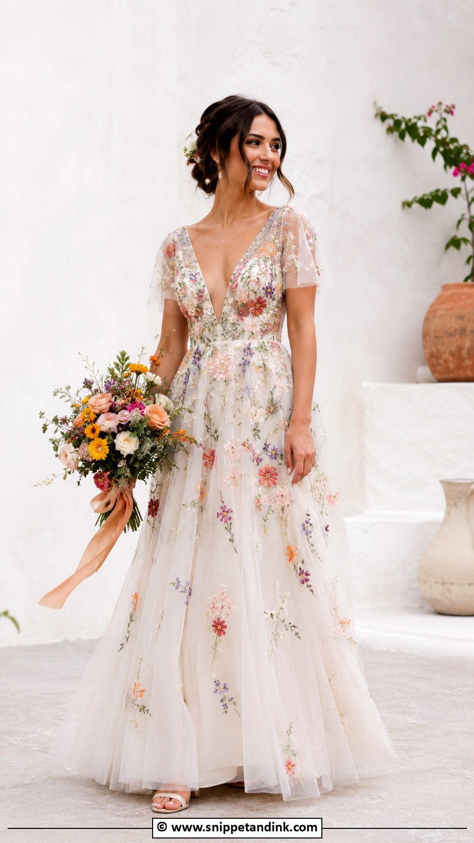 Multicolor Embroidered Wedding Dress With Simple Sandals - Snippet and Ink - 30 Colorful Wedding Dress Ideas