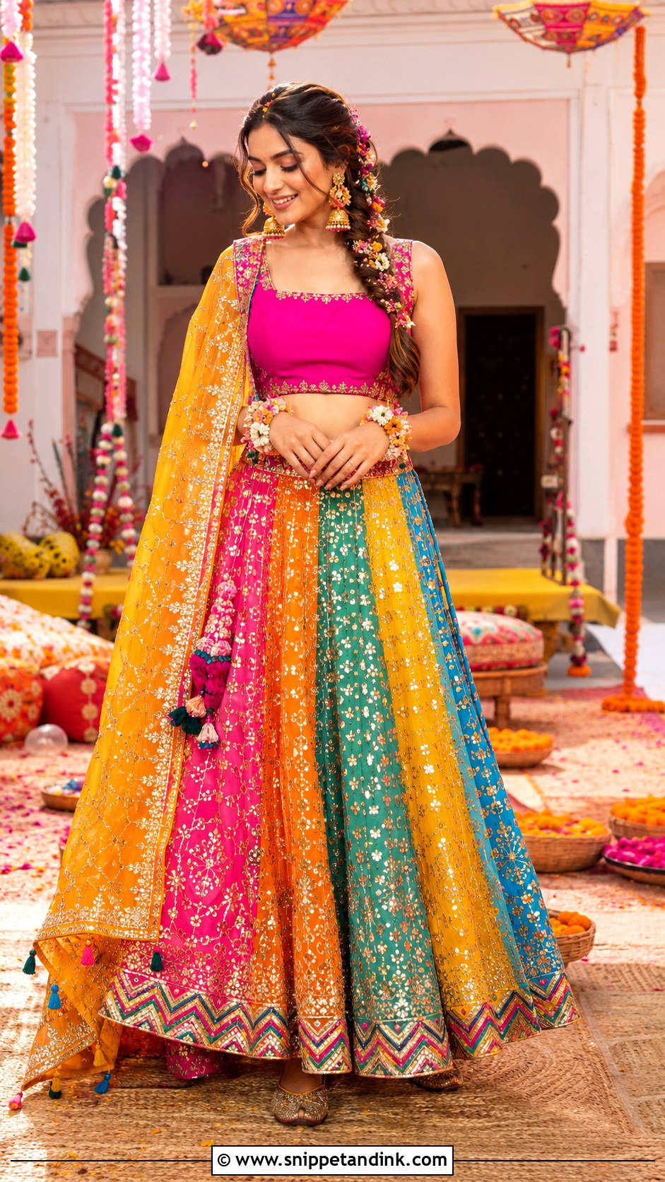 Multicolor Gota Patti Mehndi Lehenga - Snippet and Ink - 20 Mehndi Ceremony Outfit for Bride Ideas