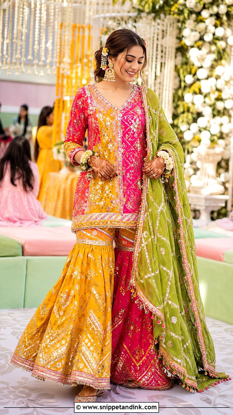 Multicolor Gota Patti Mehndi Sharara - Snippet and Ink - 20 Bride Mehndi Dress Ideas