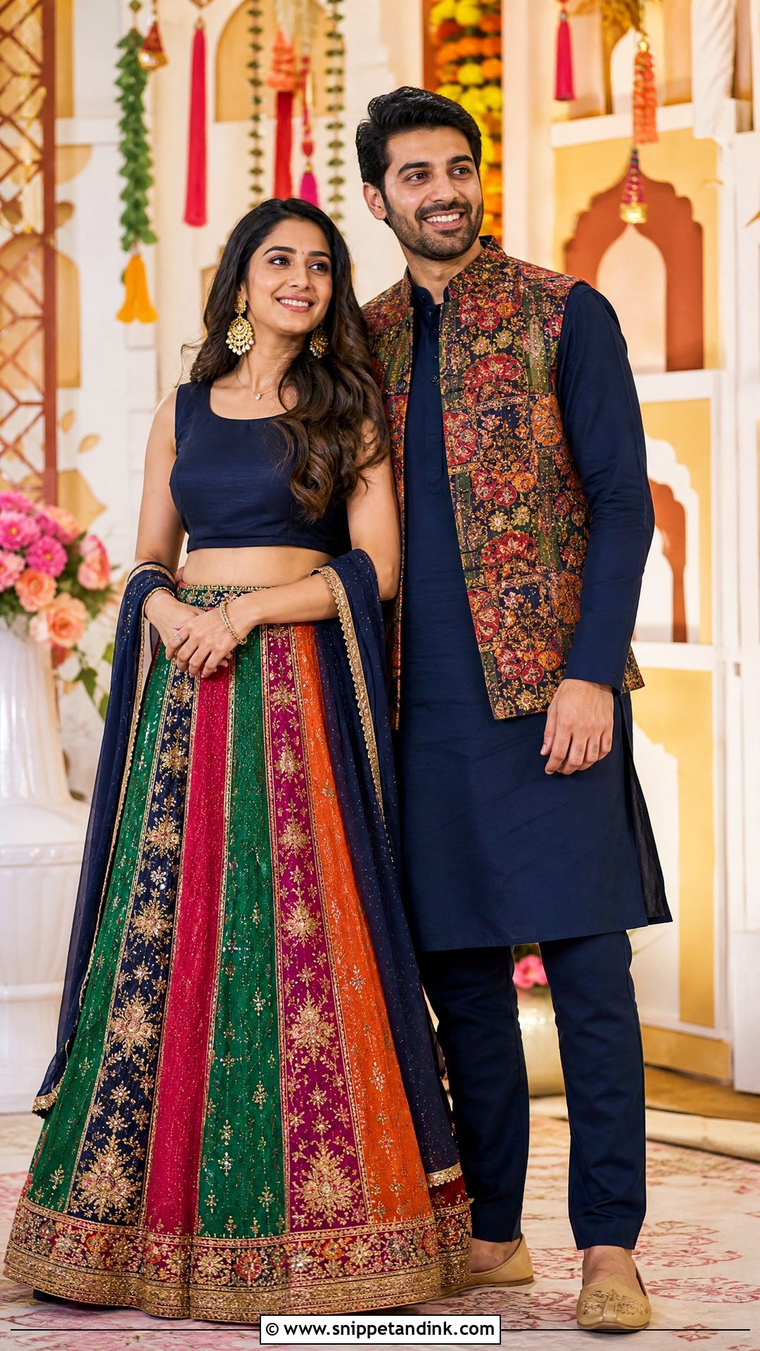 Multicolor Lehenga And Navy Kurta Sangeet Couple Outfit - Snippet and Ink - 25 Sangeet Couple Outfits