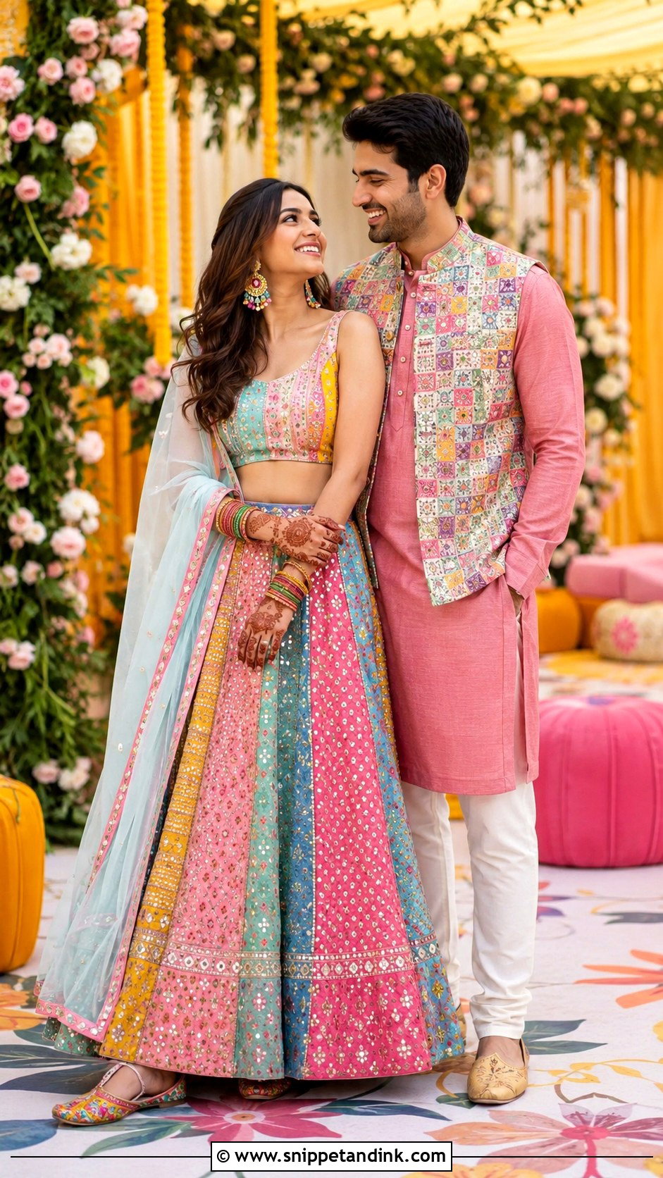 Multicolor Lehenga And Printed Nehru Jacket Indian Wedding Outfit - Snippet and Ink - 20 Indian Wedding Matching Outfits