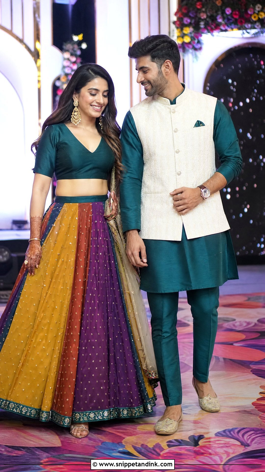 Multicolor Lehenga And Solid Kurta Sangeet Couple Outfit - Snippet and Ink - 20 Sangeet Outfit for Couple Ideas