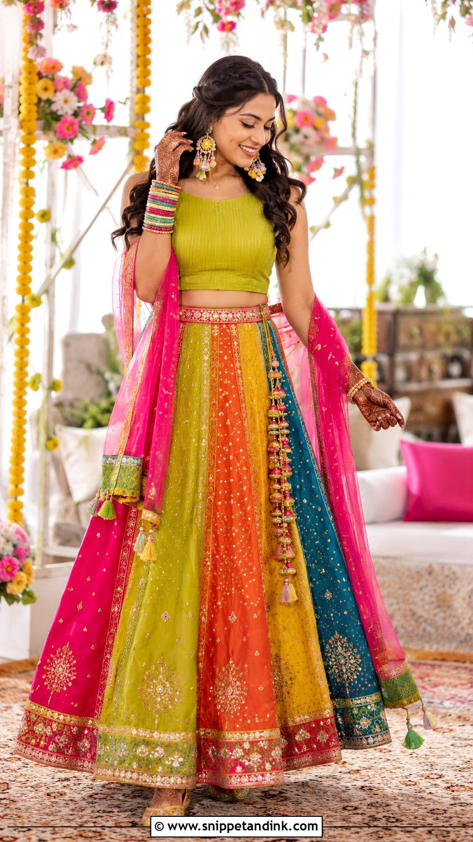 Multicolor Lehenga Mehandi Outfit - Snippet and Ink - 25 Indian Bridal Mehandi Outfits Brides