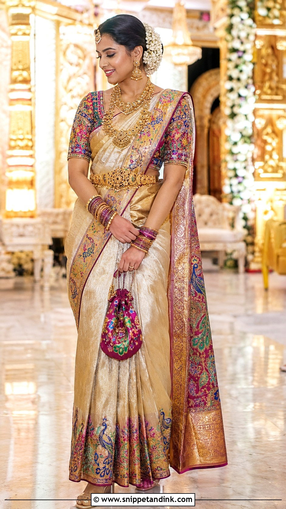 Multicolor Maggam Work Blouse With Gold Bridal Saree - Snippet and Ink - 20 Maggam Work Blouse Designs Bridal Indian Weddings