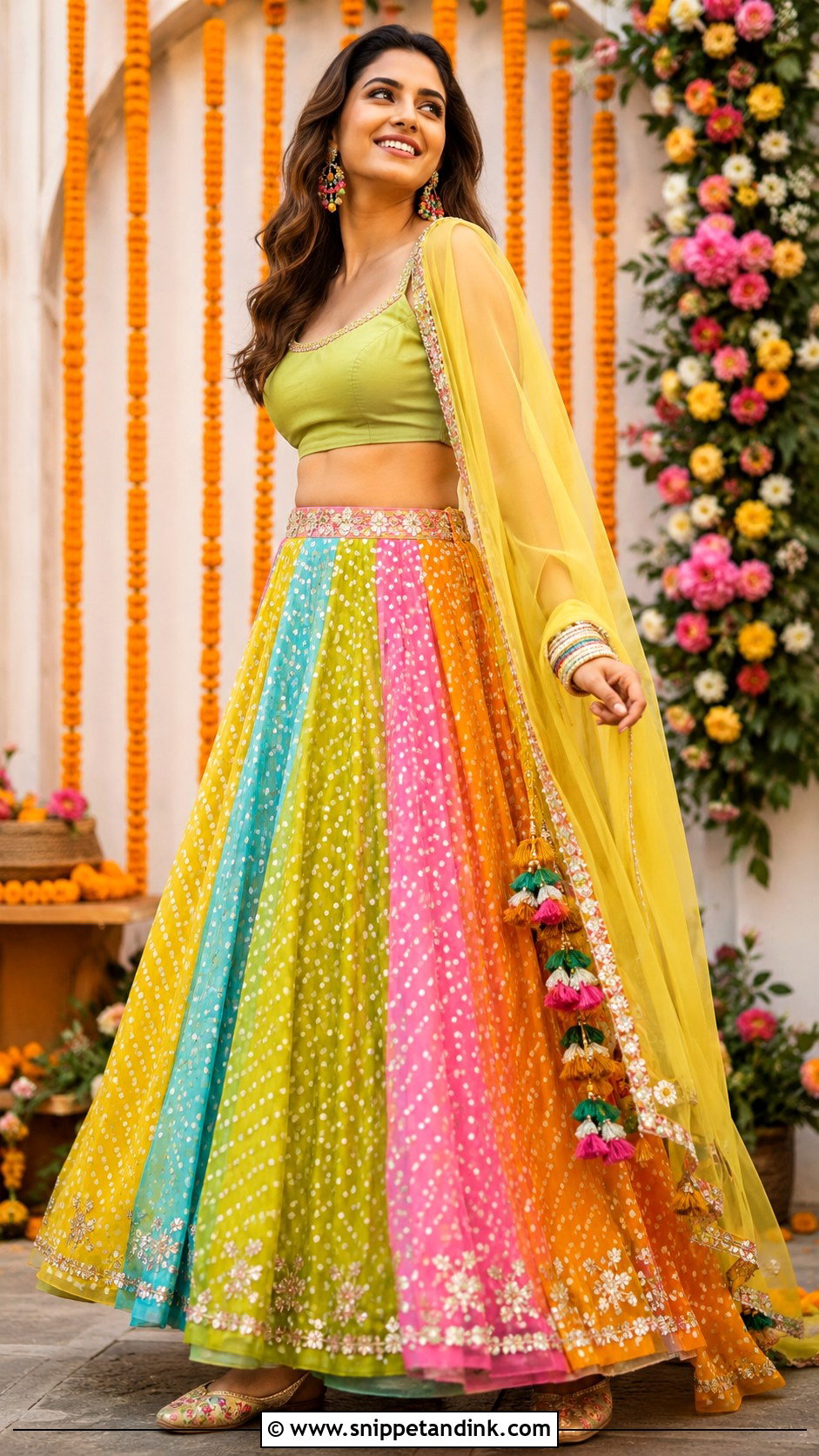Multicolor Mehendi Lehenga Outfit - Snippet and Ink - 30 Mehendi Dress Outfits