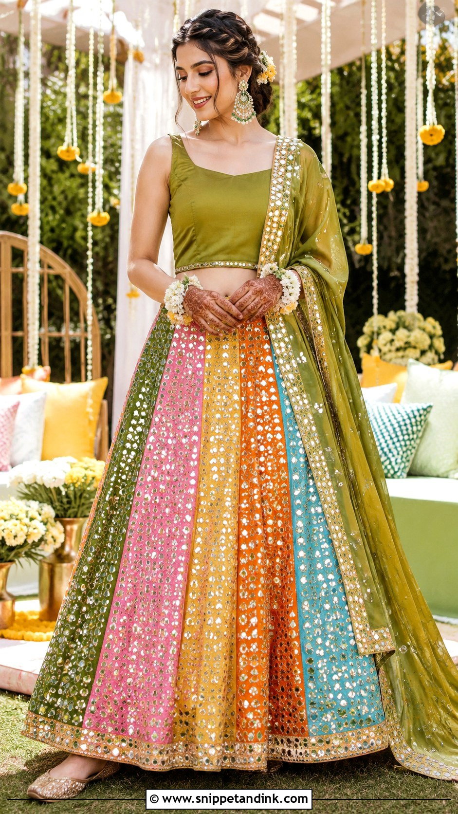 Multicolor Mehendi Mirror Work Lehenga Outfit - Snippet and Ink - 20 Mehendi Dress Outfits Brides