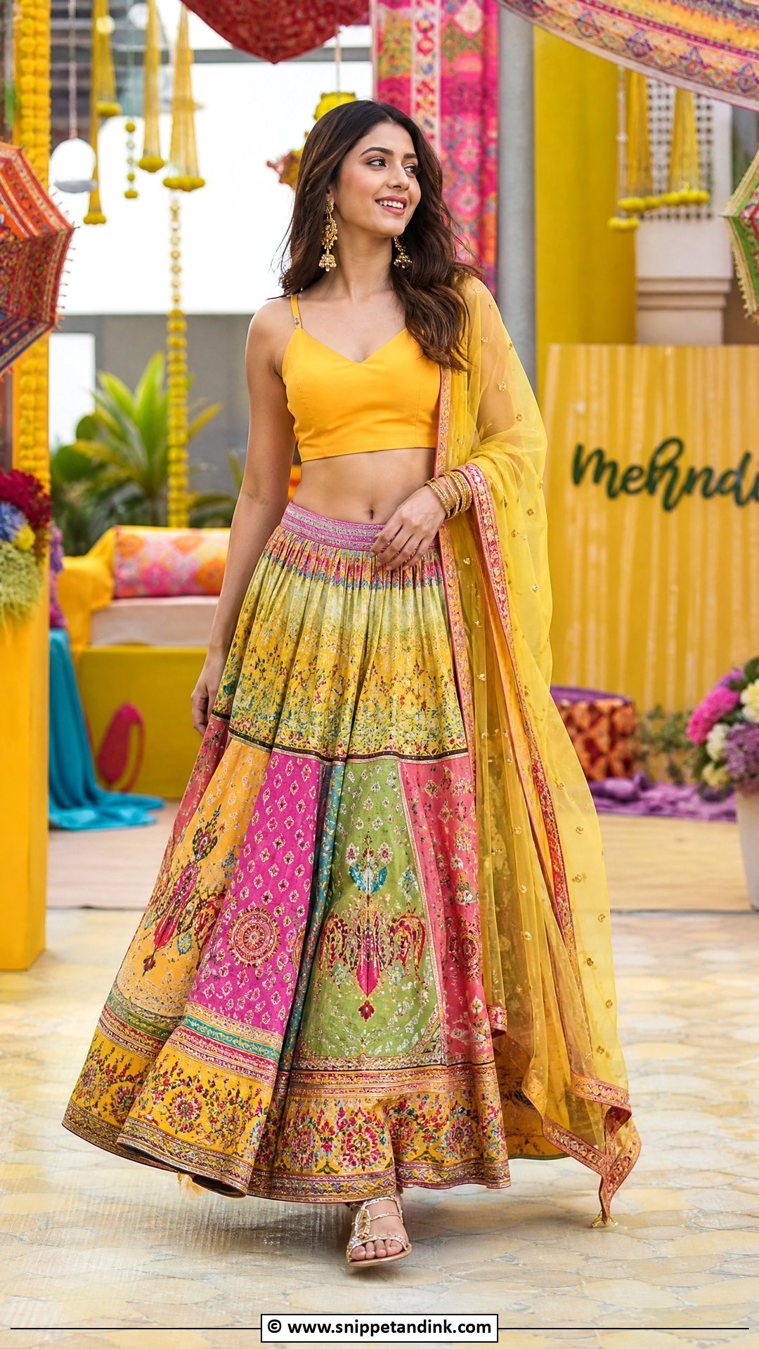 Multicolor Mehndi Lehenga With Plain Blouse - Snippet and Ink - 35 Mehndi Dresses