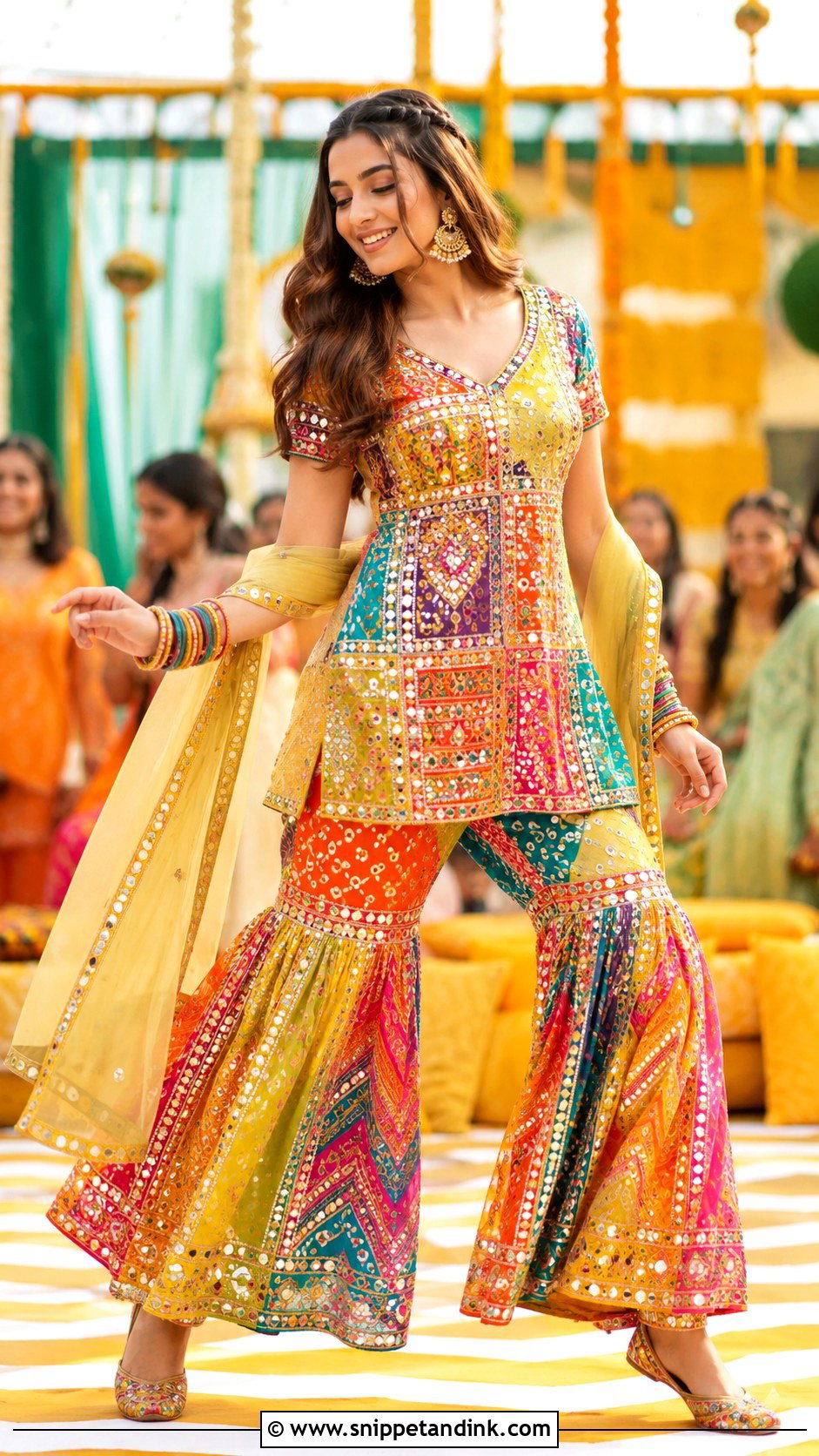Multicolor Mehndi Sharara With Mirror Work - Snippet and Ink - 25 Mehndi Sharara Outfit Ideas