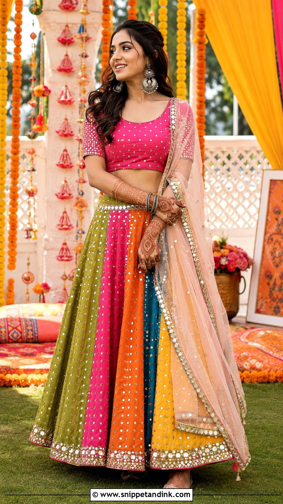 Multicolor Mirror Work Lehenga Mehndi Outfit - Snippet and Ink - 20 Mehndi Day Outfits