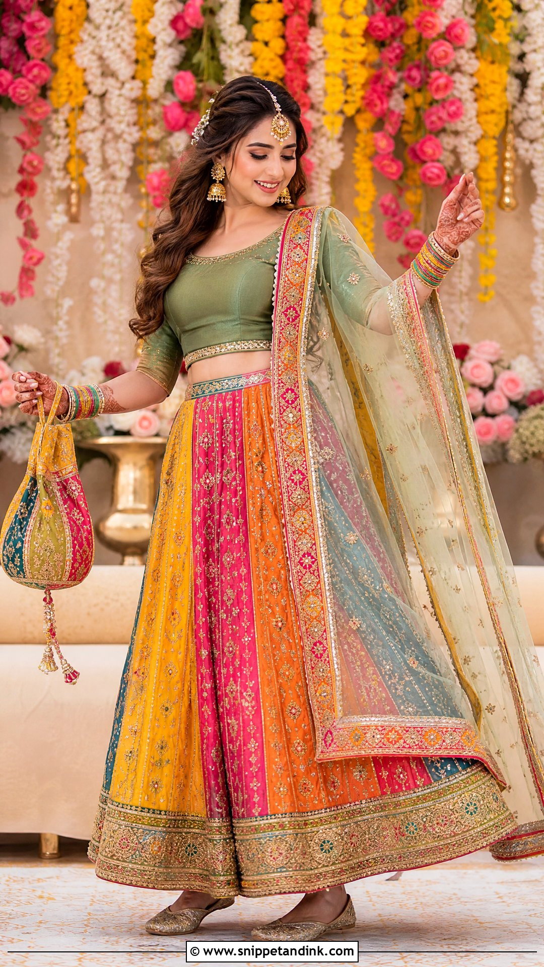Multicolor Pakistani Mehndi Lehenga - Snippet and Ink - 20 Wedding Dresses Pakistan