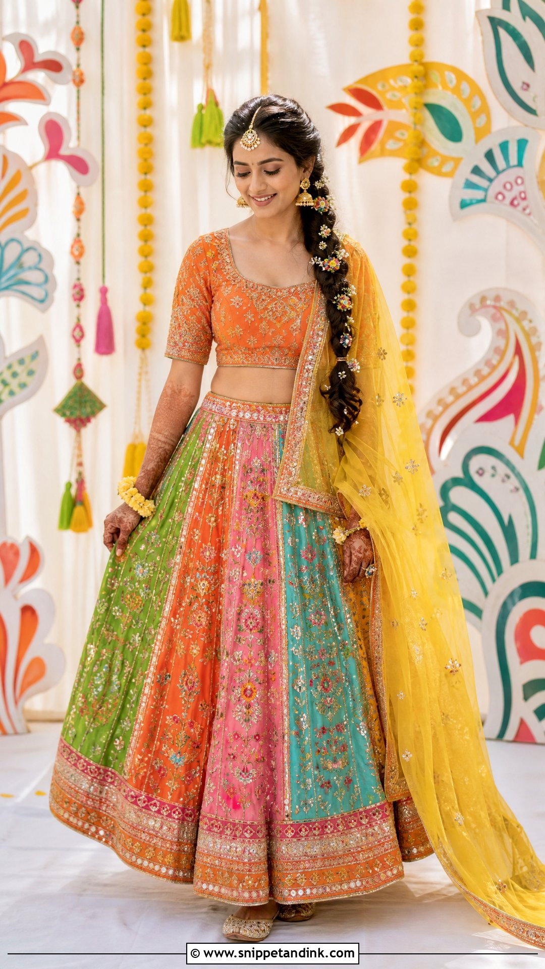 Multicolor Panel Lehenga Mehndi Outfit - Snippet and Ink - 25 Mehndi Function Dress Outfit for Bride Ideas
