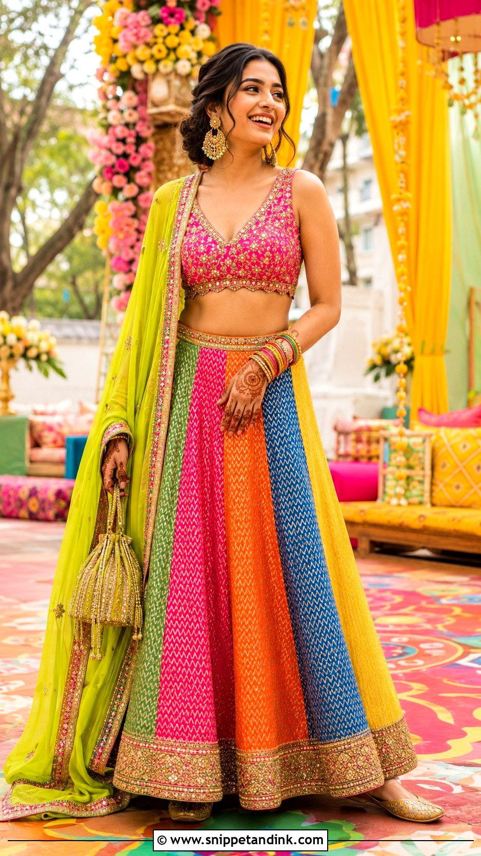 Multicolor Panel Lehenga Mehndi Outfit - Snippet and Ink - 20 Mehandi Function Dresses Mehndi Outfit