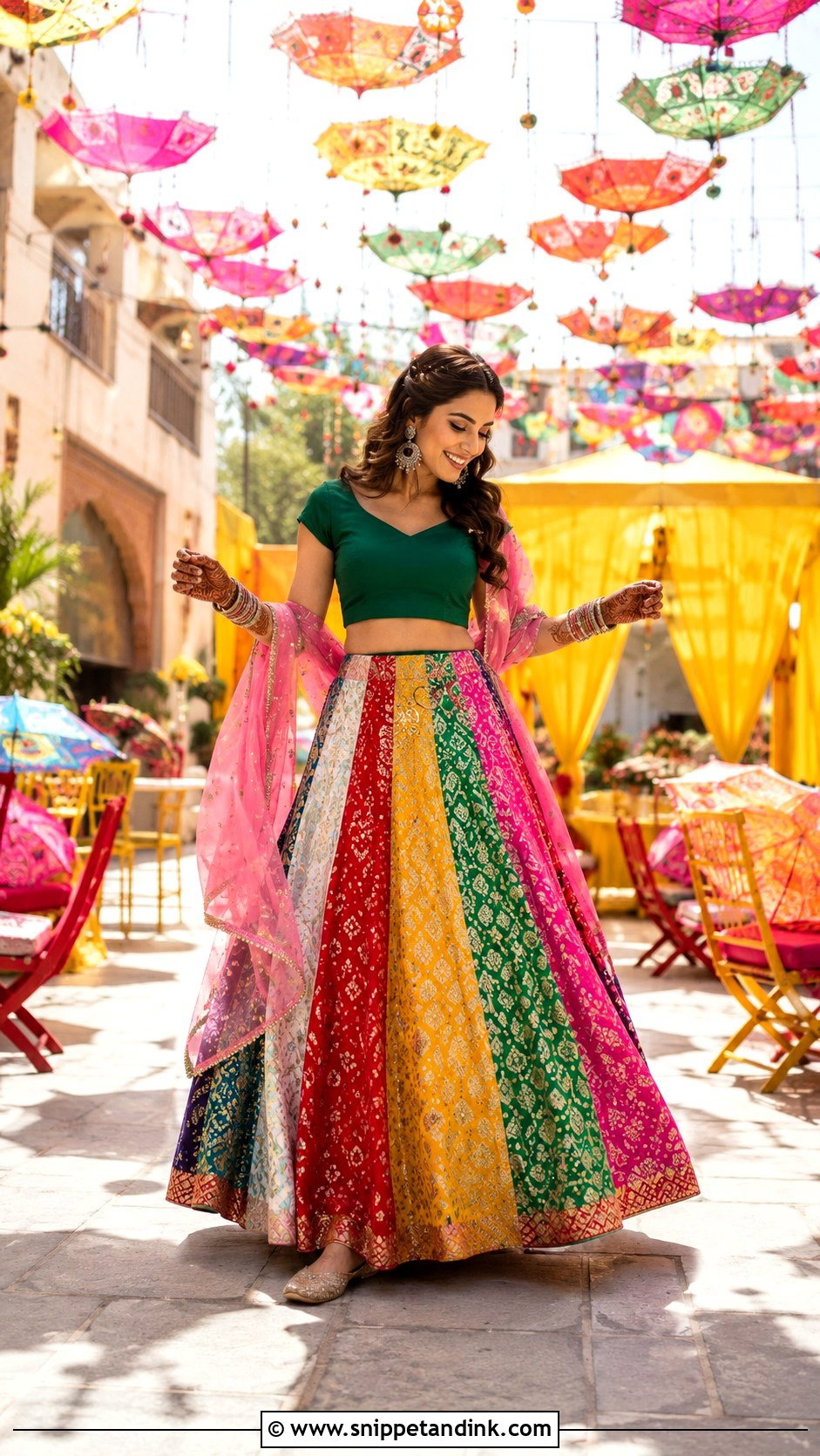 Multicolor Patchwork Lehenga Mehendi Outfit - Snippet and Ink - 20 Indian Wedding Mehendi Outfits
