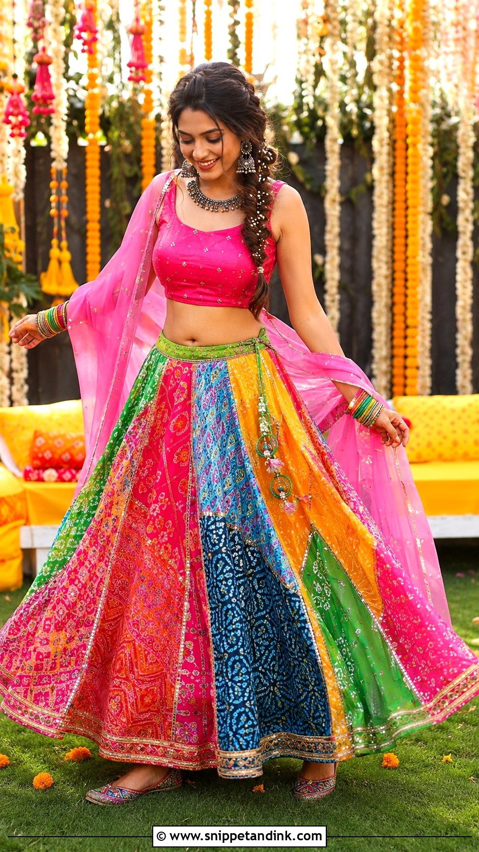 Multicolor Patchwork Lehenga for Mehendi - Snippet and Ink - 20 Haldi Mehendi Outfit for Bride Ideas