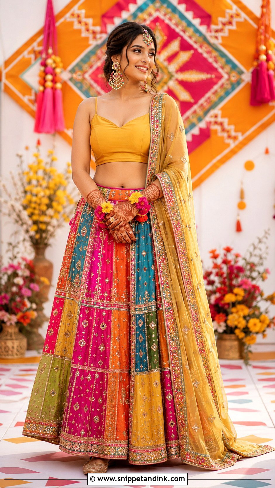 Multicolor Patchwork Mehendi Lehenga - Snippet and Ink - 20 Bridal Mehendi Dress Ideas