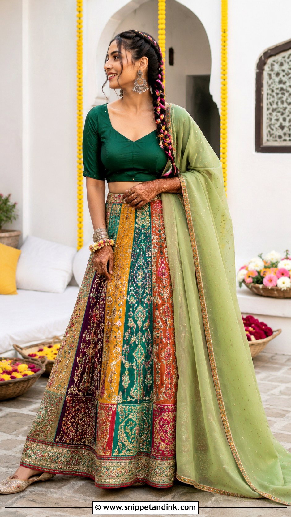 Multicolor Patchwork Mehendi Lehenga - Snippet and Ink - 20 Bridal Mehendi Outfits
