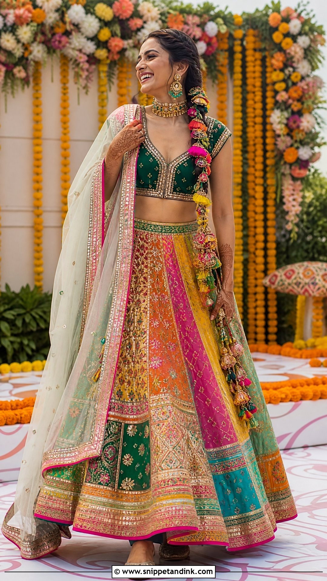 Multicolor Patchwork Mehndi Bridal Lehenga - Snippet and Ink - 25 Mehndi Bridal Dress Ideas