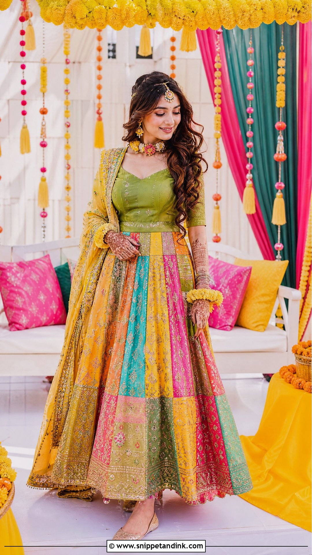 Multicolor Patchwork Mehndi Lehenga - Snippet and Ink - 20 Pakistani Bridal Mehndi Dress Ideas