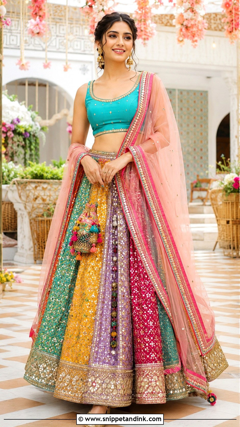 Multicolor Patchwork Mehndi Lehenga - Snippet and Ink - 20 Mehndi Wedding Dress Ideas