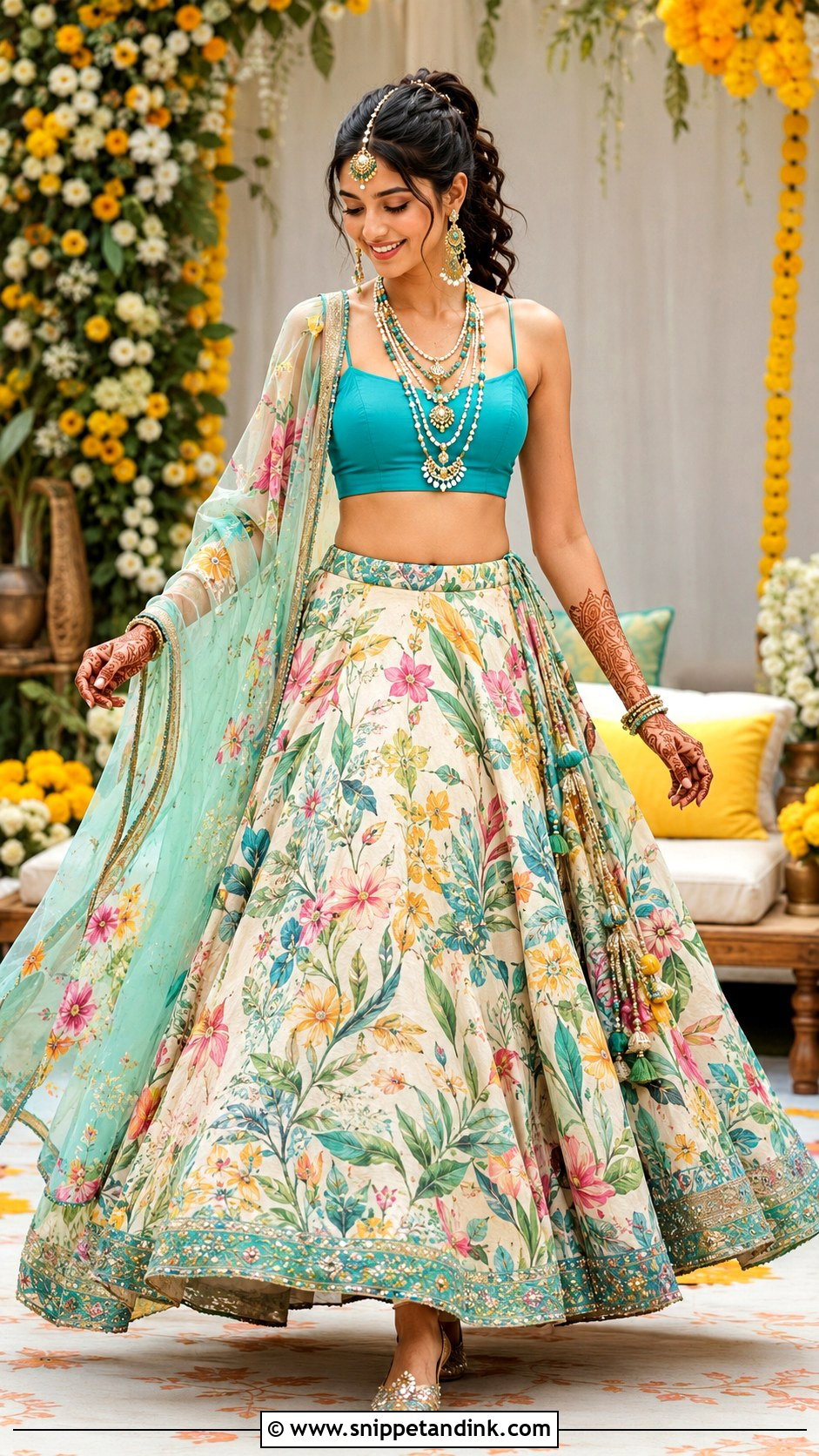 Multicolor Printed Lehenga For Mehendi - Snippet and Ink - 20 Mehendi Function Outfit Brides Ideas