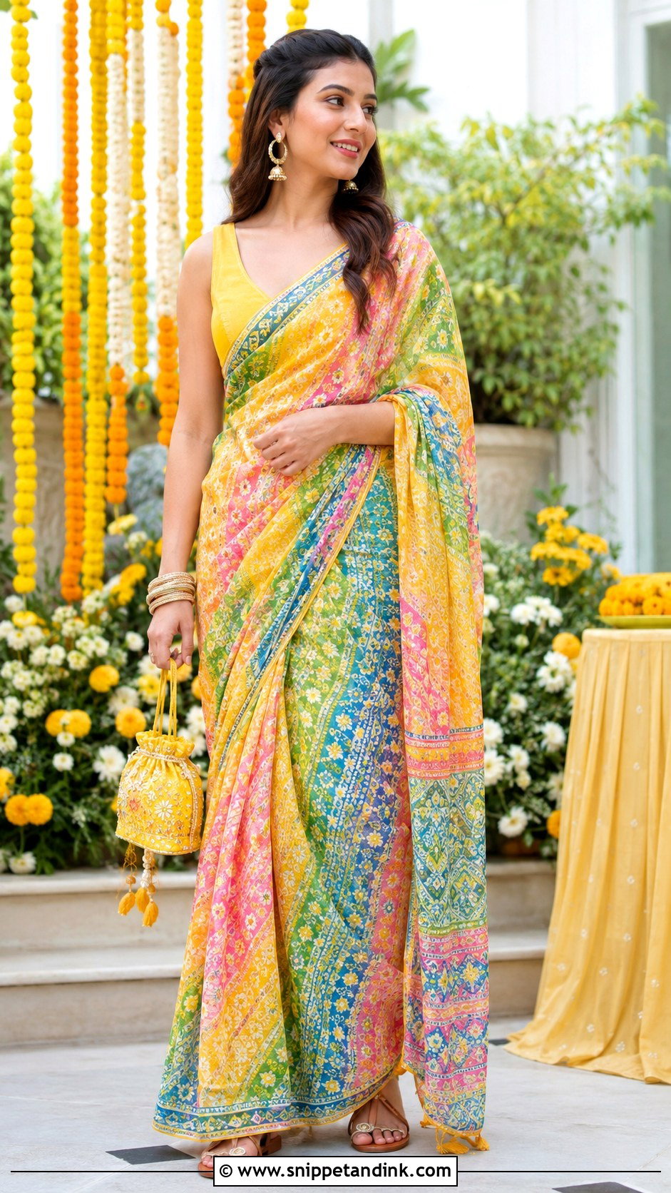 Multicolor Printed Saree Haldi Outfit - Snippet and Ink - 20 Colourful Haldi Outfit Ideas