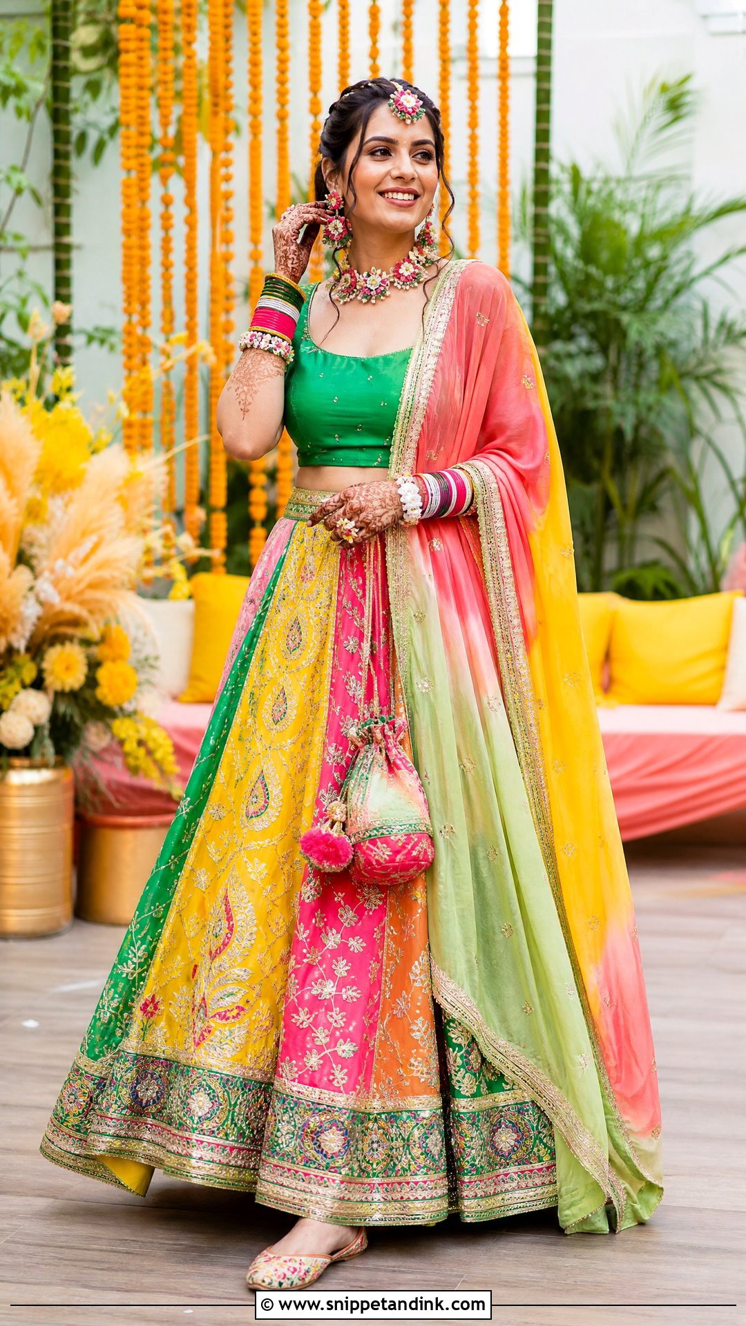 Multicolor Punjabi Bridal Mehndi Lehenga - Snippet and Ink - 25 Sikh Wedding Dress Punjabi Bride Ideas