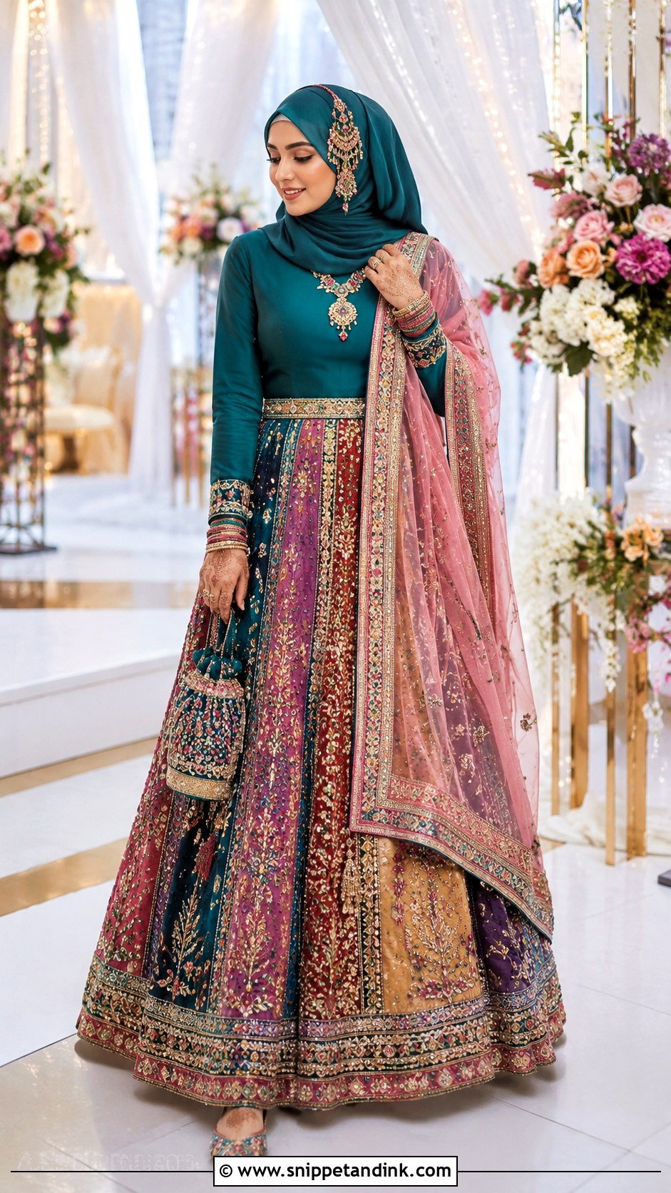 Multicolor Sangeet Lehenga Hijabi Bride - Snippet and Ink - 20 Desi Hijabi Bride Ideas