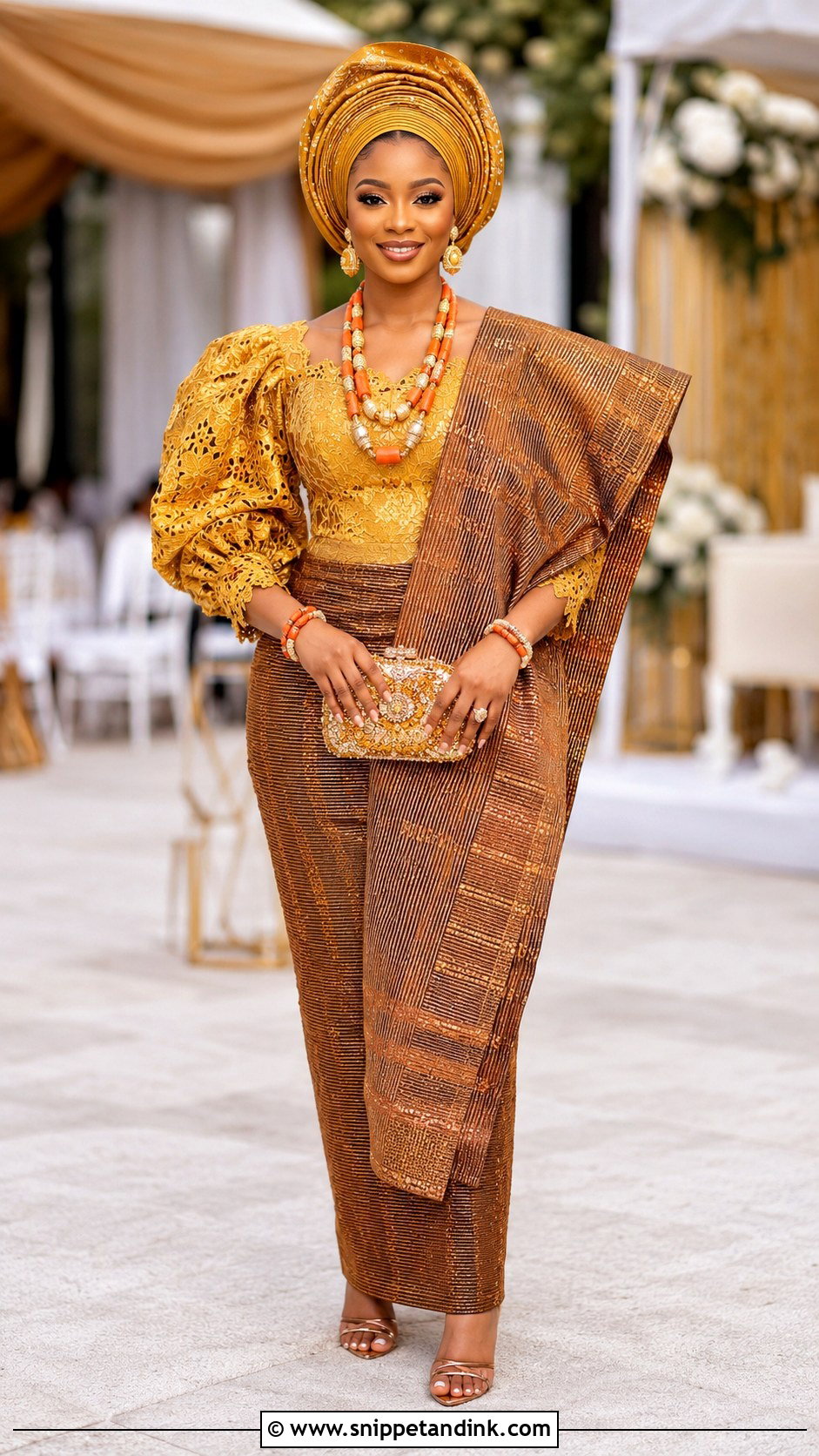 Mustard And Bronze Yoruba Wedding Dress - Snippet and Ink - 20 Yoruba Wedding Dress Ideas