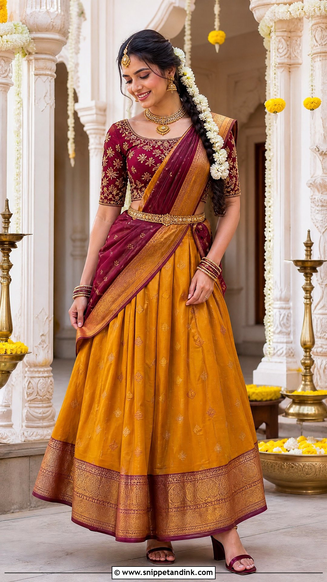 Mustard And Maroon Wedding Thavani - Snippet and Ink - 20 Thavani Styles for Wedding