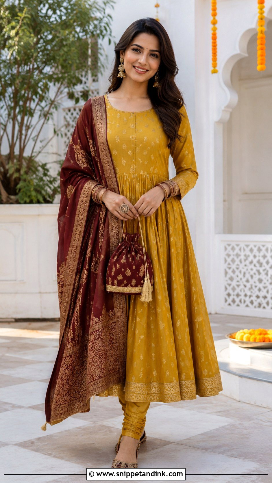 Mustard Banaras Anarkali Dress With Maroon Dupatta - Snippet and Ink - 20 Banaras Anarkali Dresses