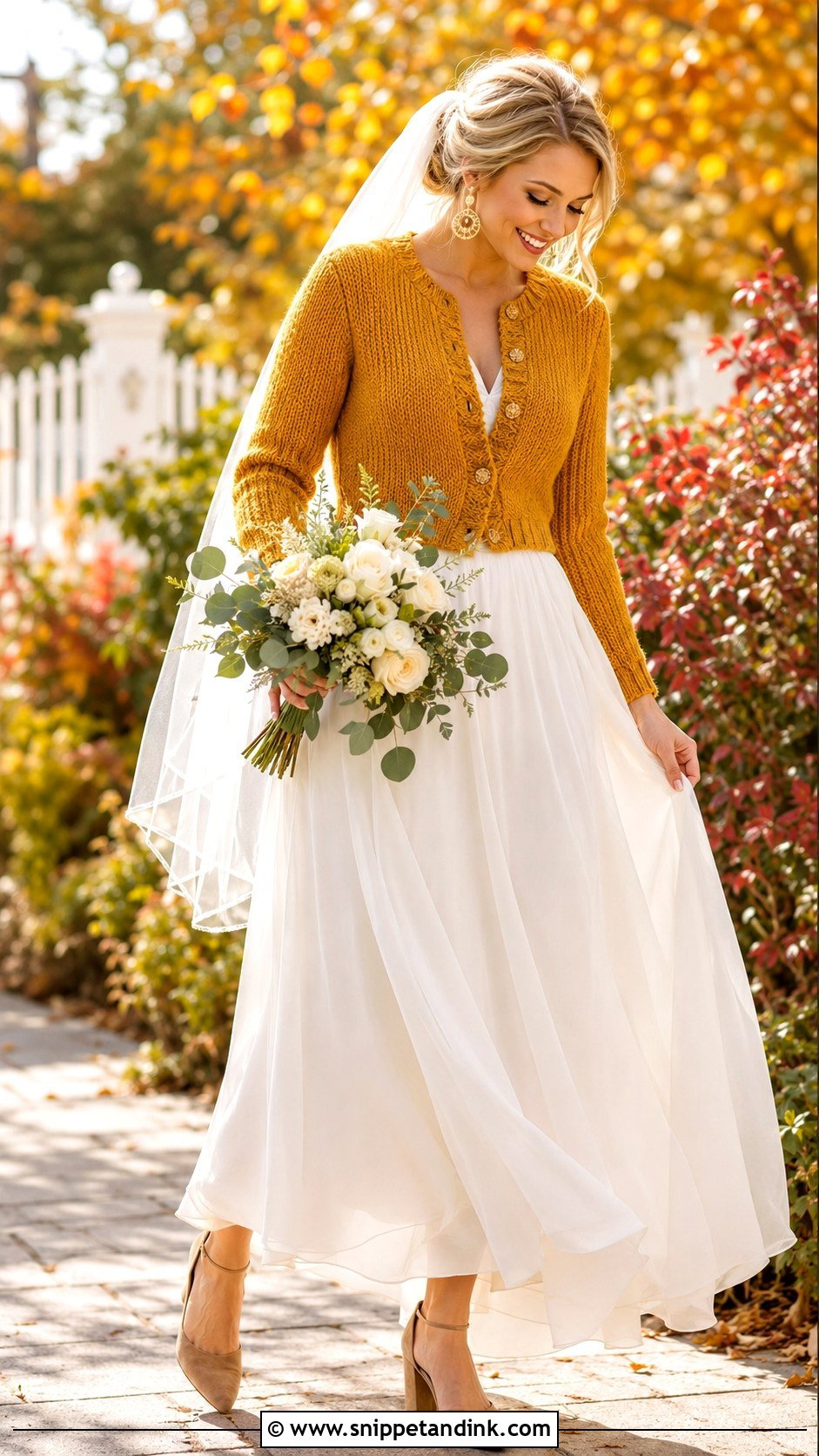 Mustard Bridal Cardigan With Fall Wedding Dress - Snippet and Ink - 20 Bridal Cardigan Ideas