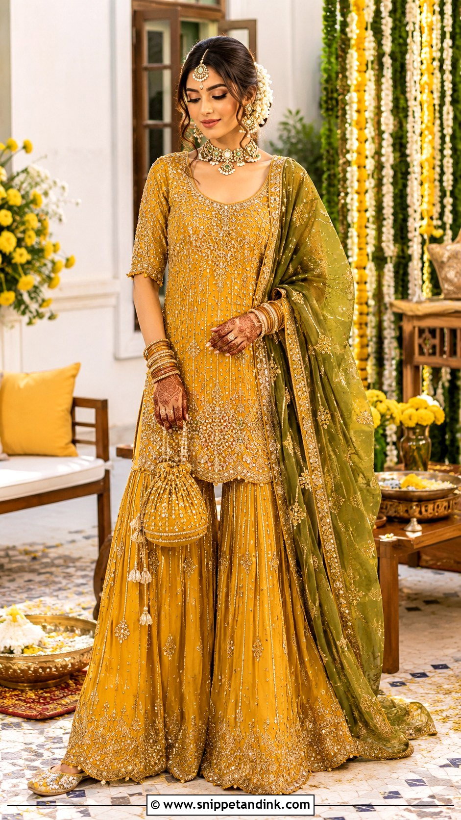 Mustard Bridal Mehndi Gharara - Snippet and Ink - 30 Bridal Mehndi Dresses Ideas