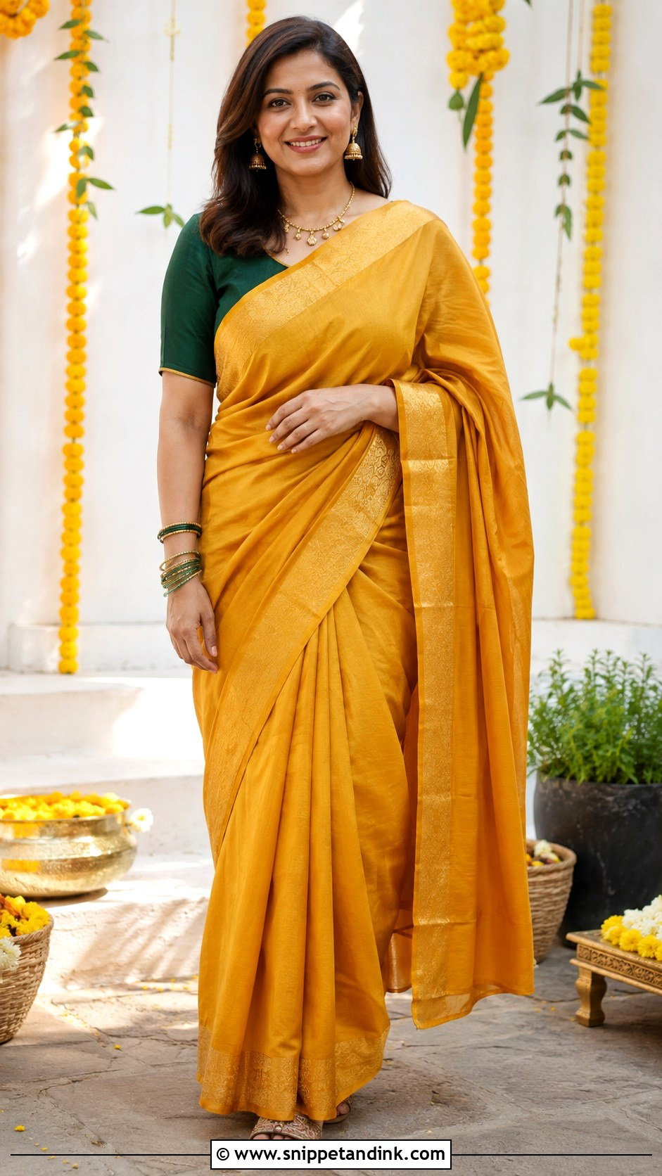 Mustard Cotton Silk Saree Haldi Outfit for Mom - Snippet and Ink - 20 Haldi Outfit for Mom Ideas